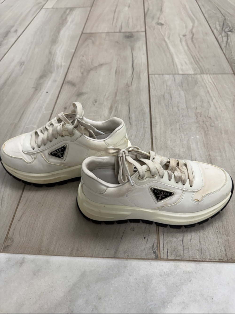 Prada Off-White Cream Lace-Up Platform Sneakers